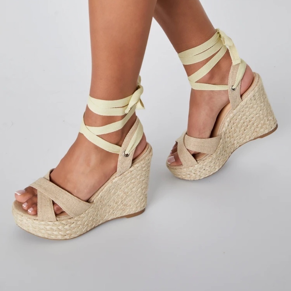 Lulus Esme Natural Lace-Up Espadrille Wedges Size 9